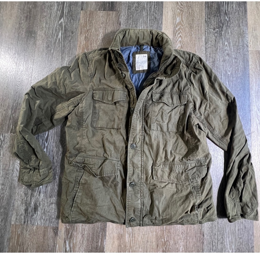 Gap Field Jacket Mens Large Olive Green Utility Multi-Pocket Cotton Blend